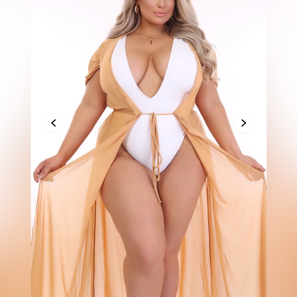 Fashion Nova Beige Mesh Duster Swimsuit Cover Up 2X Floor Length Tie Waist
